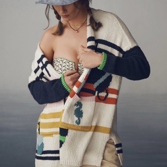 Anthropologie Maeve Whale Seahorse Sea Life Cardigan Statement Knit Sweater  S/M - Picture 2 of 9